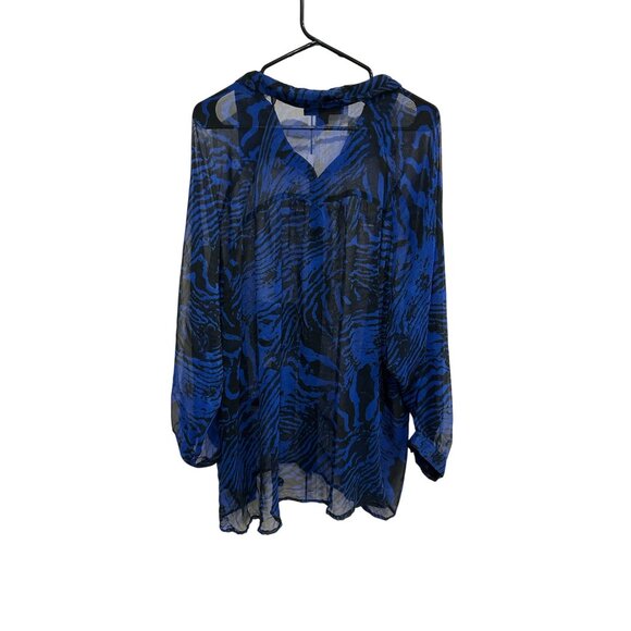 Denim 24/7 Zebra Striped Sheer Button Front Tunic Shirt Blue Black Sz 26W NWT - Picture 2 of 9